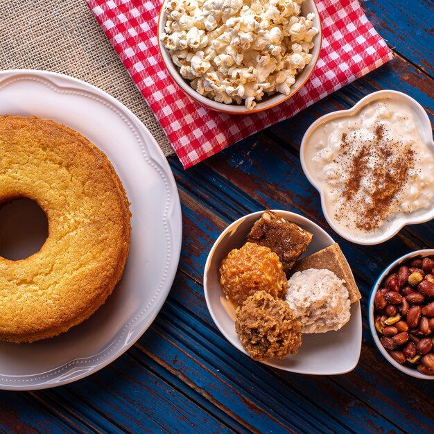 Typical sweets from June party. Cornmeal cake, popcorn, hominy, pumpkin jam, and peanuts.