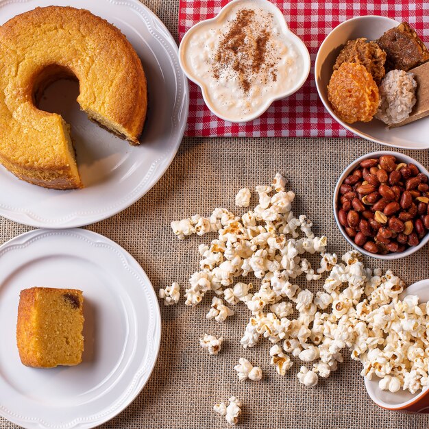 Typical sweets from June party. Cornmeal cake, popcorn, hominy, pumpkin jam, and peanuts.