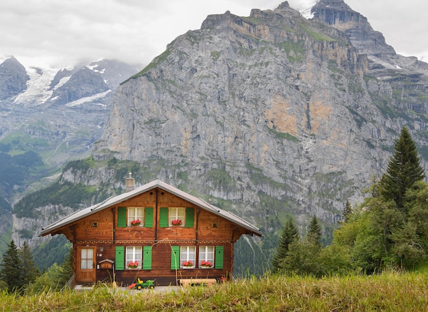 Typical swiss hut in front of the mountains