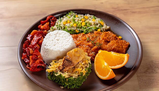 The typical and traditional dish served with rice farofa and orange in Brazilian cuisine