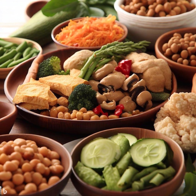 Typical vegan food vegetables greens and nuts