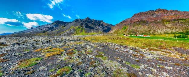 Typical view of iceland rocky lava plains covered by moss and\
mountains at background