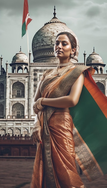 Typical woman from India holding Indian flag generative AI