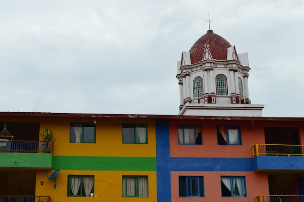 Typically colourful buildings facade in guatape colombia cityscape