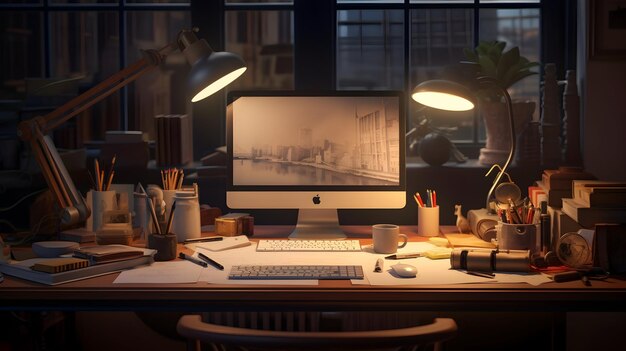 Typing on a laptop amidst meticulously arranged office supplies penholder and a stylish desk lamp