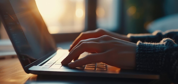 Typing on Laptop Keyboard at Sunset