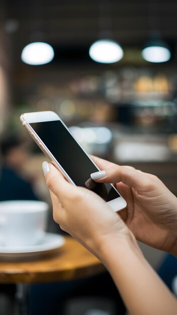 Typing on smartphone in a cozy cafe modernity in focus with blurred background Vertical Mobile Wal