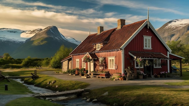 Typisch Noors landelijk huisje met een adembenemend landschap en prachtig groen in Noorwegen