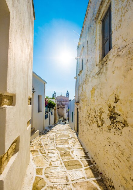 Typisch rustieke smalle geplaveide doorgang tussen oude stenen muren op de middag in lefkes, griekenland