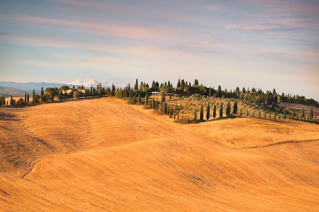 Typische boerderij op een heuvel in Val d'Orcia. Prachtig landschap bij zonsondergang van Toscane