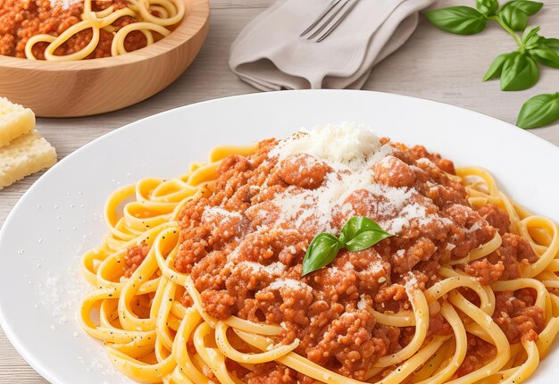 Foto typische italiaanse maaltijd van zelfgemaakte pasta met bolognese saus