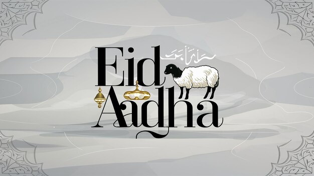 Foto typografie eid al adha eid mubarak islamitische begroeting illustratie met lantaarn