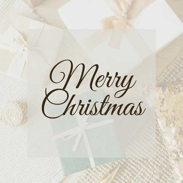 Photo typographical background with christmas elements gifts merry christmas background festive decorative objects flat lay top view christmas poster holiday banner stylish brochure greeting card