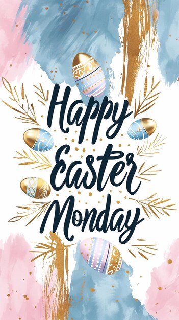 Photo typography happy easter monday trendy design with hand drawn strokes and dots eggs bunny ears