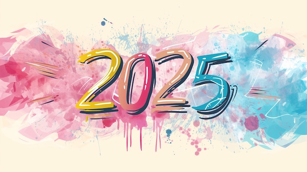 Typography Happy New Year 2025 illustration in style of vibrant urban graffiti colorful and bright