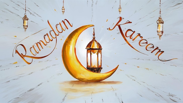 Photo typography ramadan kareem ramadan greeting illustration with lantern and moon