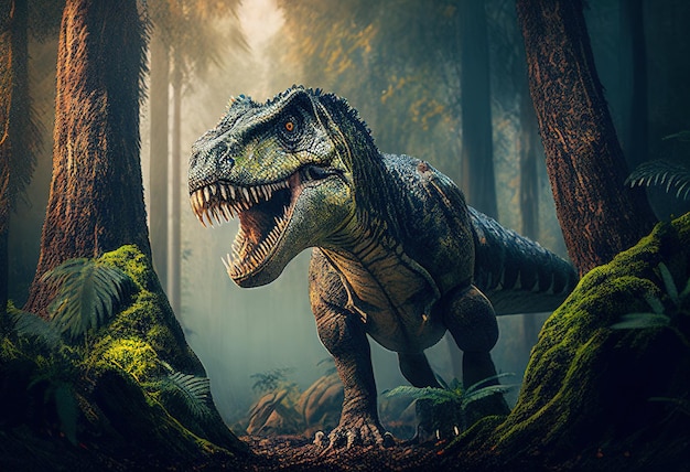 Foto tyrannosaurus nella foresta illustrazione ai genrative