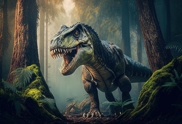 Photo tyrannosaurus in the forest illustration ai genrative