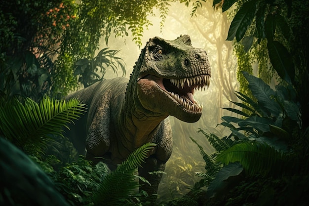 Tyrannosaurus rex in dense jungle surrounded by lush greenery