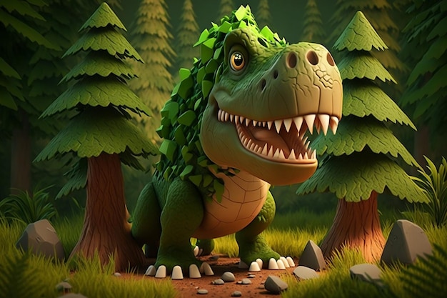 Персонаж мультфильма о динозавре Tyrannosaurus Rex бродит по лесу в 3D-иллюстрации с искусственным интеллектом в стиле комического животного