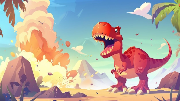 Photo tyrannosaurus rex and diplodocus in a cartoon scene near an erupting volcano illustration for children