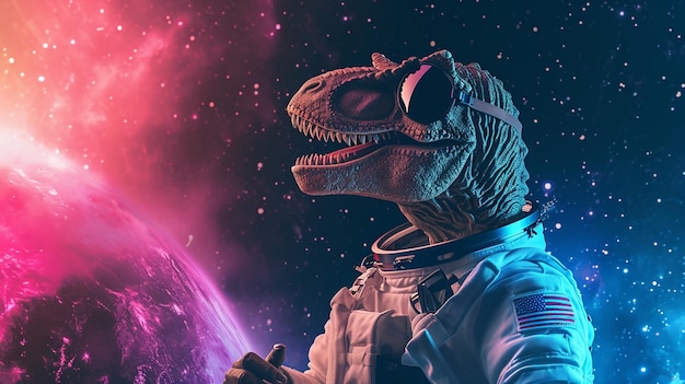 Tyrannosaurus Rex gekleed in astronautenpak met zonnebril Magical Galaxy Star Generative Ai