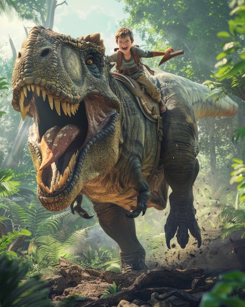 Photo tyrannosaurus rex in the jungle with his female trainer