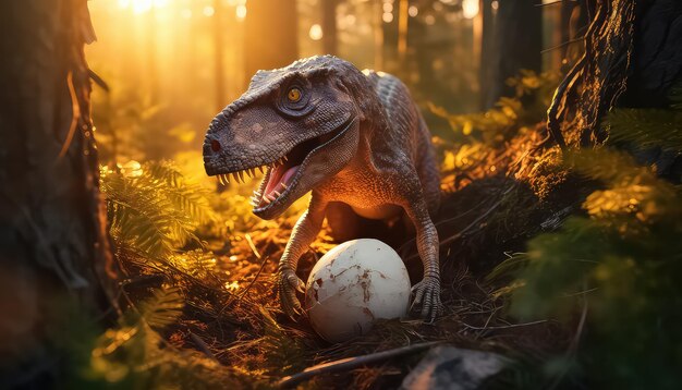 Tyrannosaurus rex met een klein ei in het zonlicht