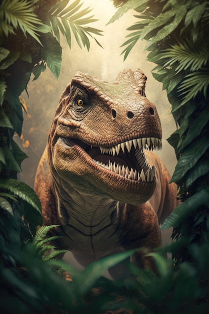 Tyrannosaurus rex roaring over frame of leaves and forest created using generative ai technology