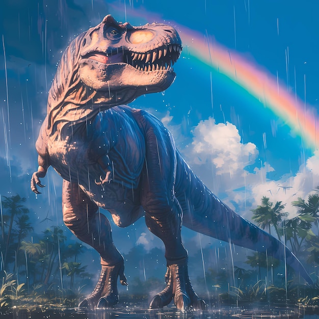 ティラノサウルス・レックスがレインボーと一緒に雨の中を鳴らす