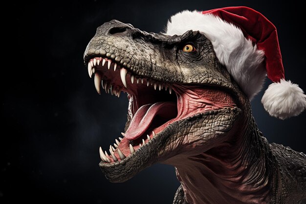 Тираннозавр рекс в шляпе Санта-Клауса на темном фоне