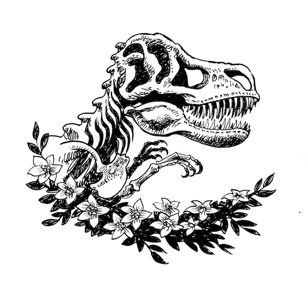 Tyrannosaurus Rex skeleton and flowers. Ink black and white drawing