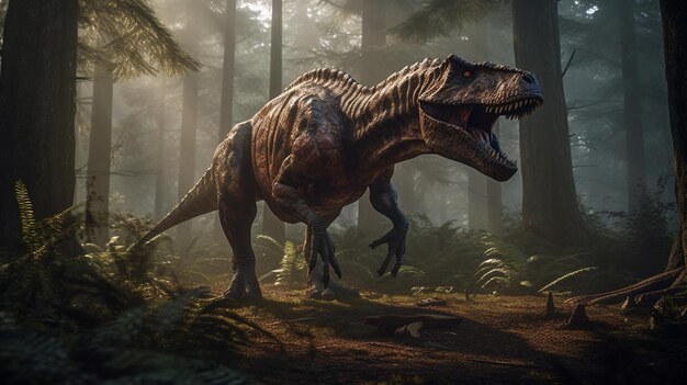 Tyrannosaurus Rex Velociraptor Triceratops Dinosaurs images forest created using generative AI