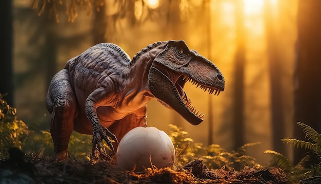 Tyrannosaurus rex with small egg in sunlight