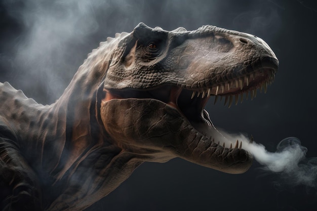 Динозавр Tyrannosaurus Trex на фоне дыма сгенерирован AI