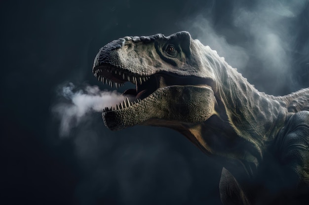 Tyrannosaurus Trex dinosaur on smoke background AI generated