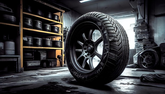 A tyre at the repair shop service garage background car fixing Generative AI