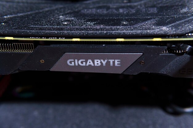Tyumen Russiaapril 26 2021 Graphic video card Gigabyte logo Cryptocurrency concept