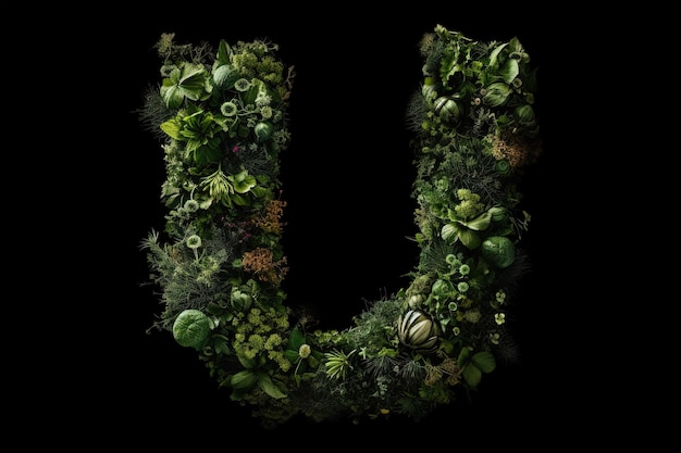 U alphabet letter made out of leaves plants and flowers isolated on black background illustration generative ai