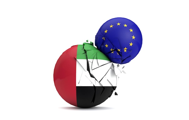 UAE and European Union political balls smash together 3D Render