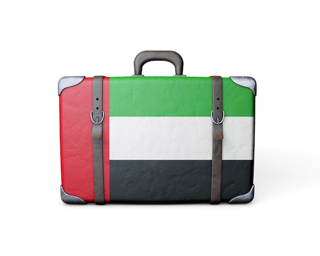 UAE flag on a vintage leather suitcase 3D Rendering