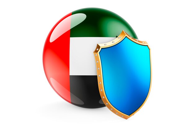 The UAE flag with shield Protect of the United Arab Emirates concept 3D rendering