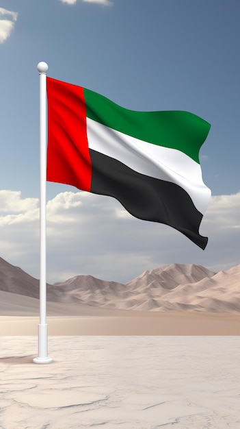 Photo the uae flag with white pole waving high in the wind and open sky