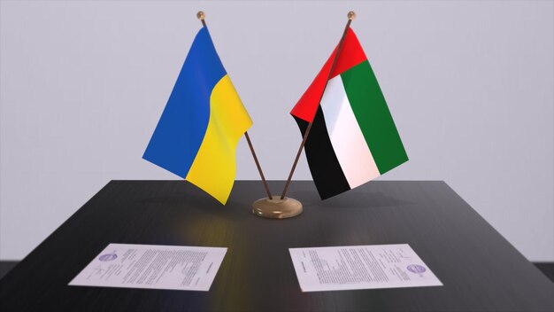 UAE and Ukraine flags on politics meeting 3D illustration