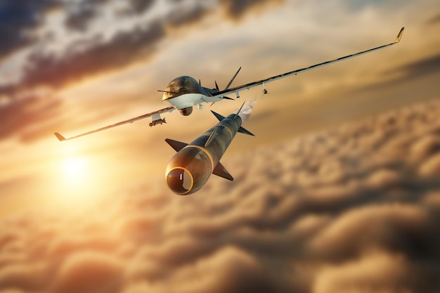 写真 uav 軍事戦闘無人機は戦闘ミサイルを発射します 未来の偵察軍用無人機の現代航空機軍 未来の 3 d イラスト 3 d レンダリングの戦争