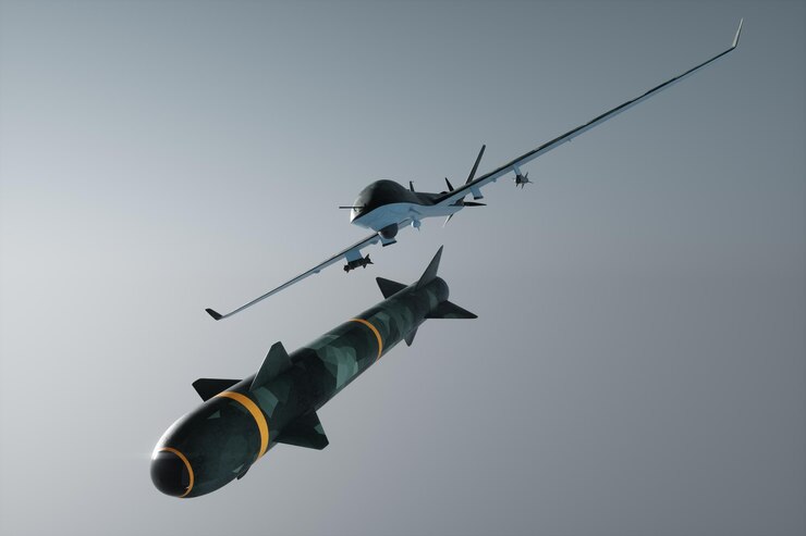 UAV 軍事戦闘無人機は戦闘ミサイルを発射します 未来の偵察軍用無人機の現代航空機軍 未来の 3 D イラスト 3 D レンダリングの戦争