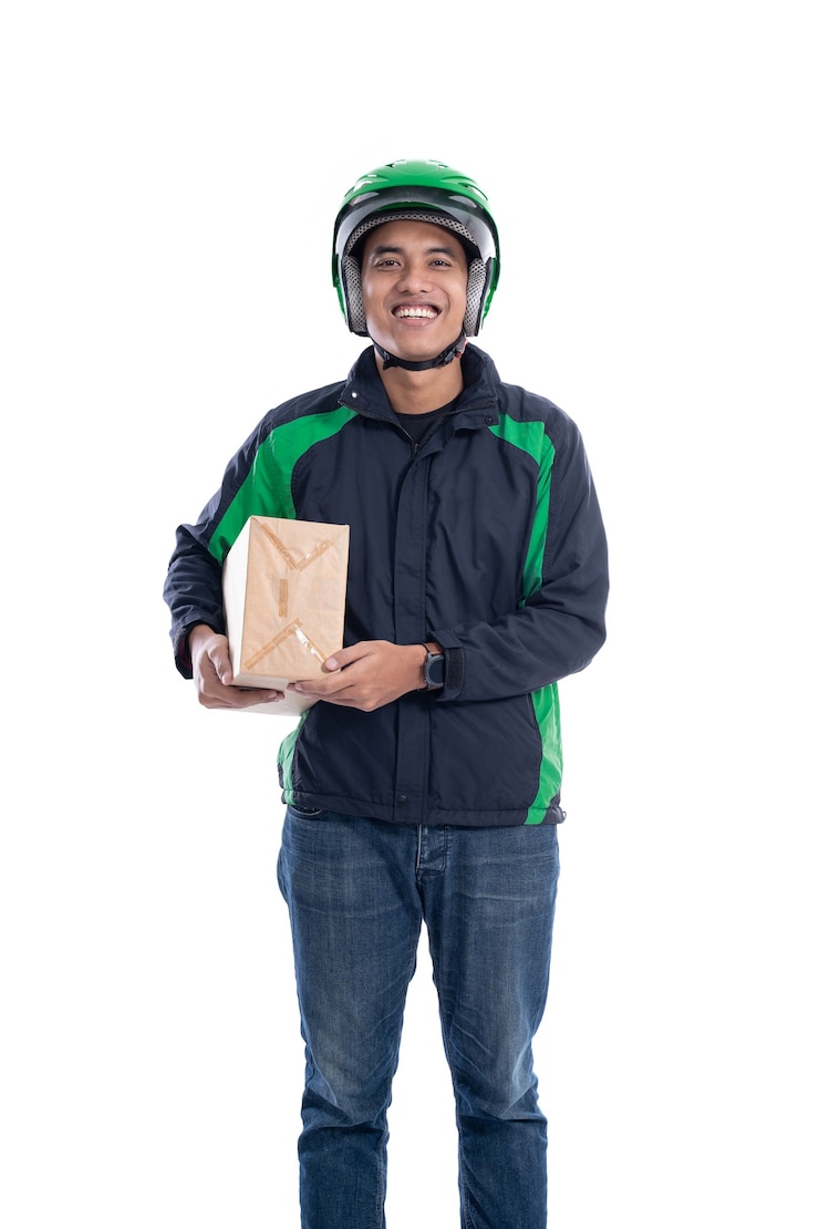 Photo uber taxi courier delivering package isolated over white background