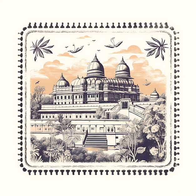 Udaipur City With Monochrome Olive Color Lake Palace and Pea Creative Unique Stamp of Beauty Cities