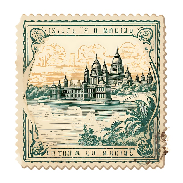 モノクロのオリーブ色の湖宮殿とエンドウ豆の創造的なユニークな美都市スタンプを持つウダイプール市
