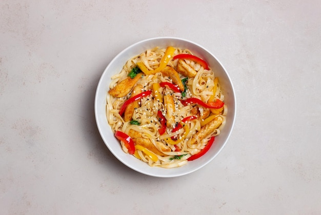 Udon noodles with chicken, pepper and sesame. Chinese food.